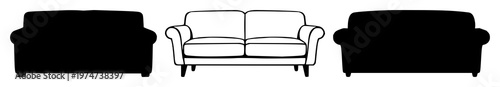 Sofa set with black silhouette on white background featuring modern, minimalistic, line art sofa illustration with furniture and interior design