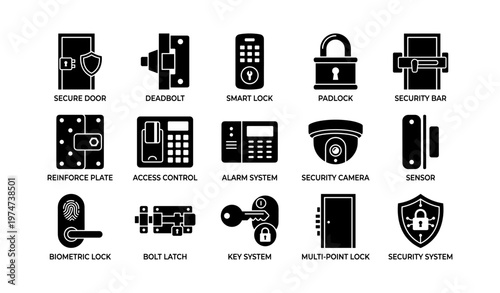 Black silhouette security icon set: locks, cameras, alarms, sensors, and keys
