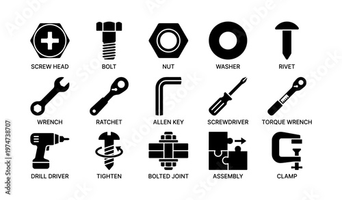 Set of black silhouette industrial tools icons for mechanical work and assembly