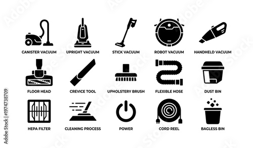 Various types and accessories of vacuum cleaners illustrated with icons