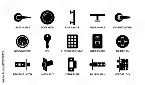 Variety of door handles and locks including lever handles and electronic keypads