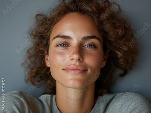 Young woman in simple top, serene pose in indoor studio