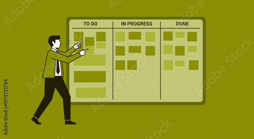 Businessman pointing at task management Kanban board