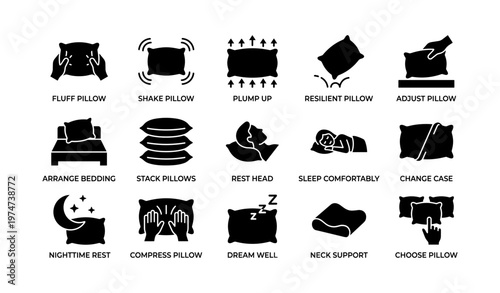 Pillow care icons: fluff, shake, adjust, stack, rest, sleep comfortably, nighttime support