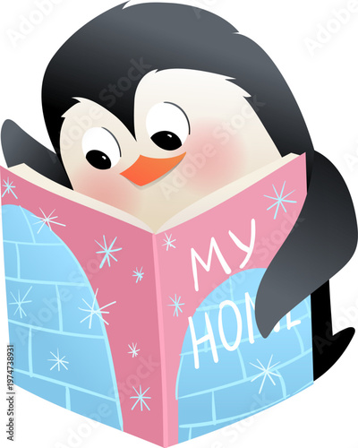 Baby penguin reading a book, educational animal character for kids. Animal studying or reading. Penguin cartoon for school or library. Vector cartoon clipart illustration for children education