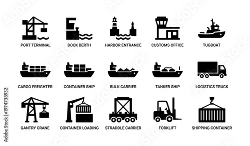 Maritime shipping icons set: cargo, terminal, crane, tugboat, container, truck