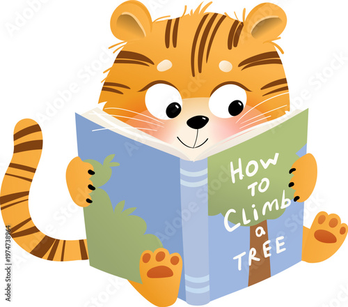 Baby tiger reading a book, educational animal character for kids. Animal tiger studying or reading, cartoon for children school or library. Vector cartoon clipart illustration for children education