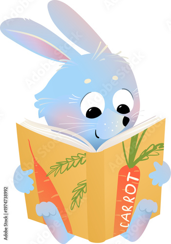 Baby rabbit reading a book, educational animal character for kids. Animal rabbit studying or reading, cartoon for children school or library. Vector cartoon clipart illustration for children education