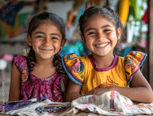 Two happy Hispanic girls crafting fabric indoors during daytime