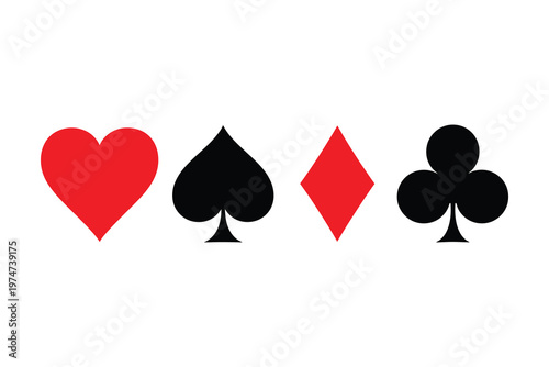 Vibrant Playing Card Suits: Heart, Spade, Diamond, and Club Symbols in Bold Red and Black Colors, Isolated on White Background