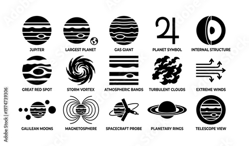 Jupiter icon set featuring planet characteristics and symbols