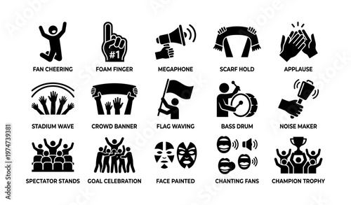 Sports fan icons: crowd, cheer, applause, megaphone, trophy