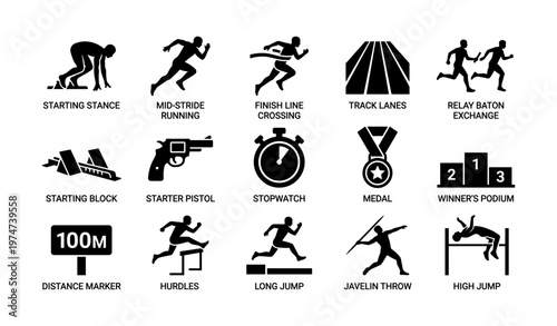 Athletic icons depicting track and field events and equipment silhouettes