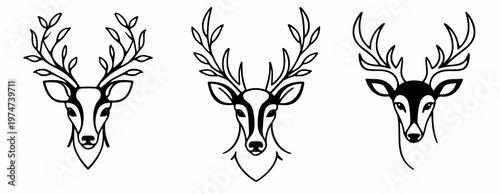 Decorative stag head set with varied antler shapes drawn in clean black outline. Refined wildlife vector collection for branding, tattoo, emblem, or forest decor themes.