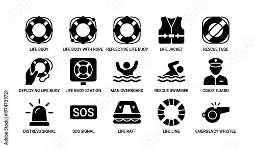 Essential maritime safety icons: life buoy, rescue tools, and support equipment
