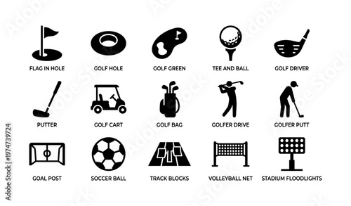 Golf and sports equipment icons: clubs, balls, carts, and courts in black icons set