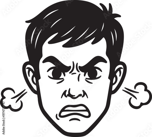 Illustration of an angry man's face with steam black and white anger management illustration frustration exasperated character expression eyebrows grinning artistic psychology