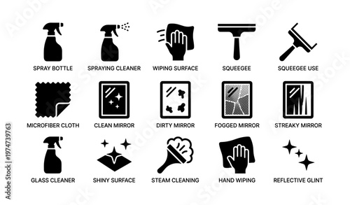 Collection of cleaning icons: tools and techniques for surface maintenance