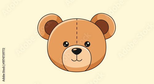 Adorable close up face of a brown teddy bear with round ears and a friendly expression on a soft yellow background.