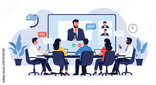 Professional business team sitting at a conference table while conducting a video call with remote colleagues on screen.