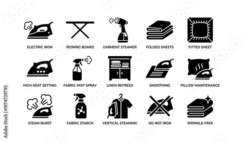 Laundry icons set featuring ironing and fabric care tools