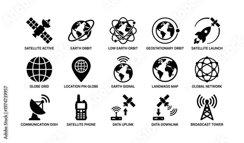 Icon set of satellite communication and global connectivity concepts