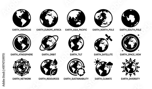 Icon set of earth representations: continents, poles, atmosphere, orbit, tilt, satellite, climate