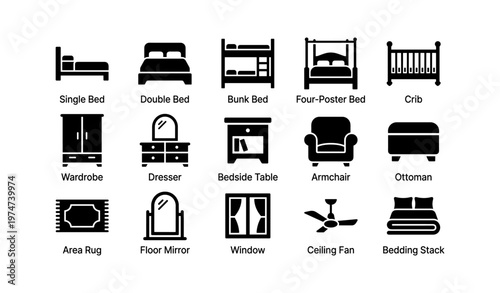 Icon set of bedroom furniture and essentials in black silhouettes