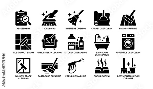 Comprehensive cleaning service icons: home and commercial maintenance solutions