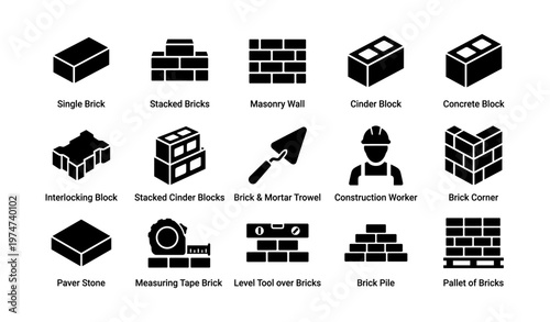 Construction tools and building materials icons set with bricks and blocks