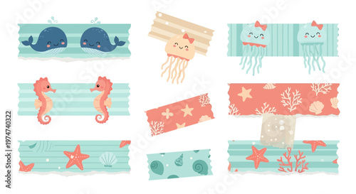 Cute sea creatures masking their homes with colorful paper designs