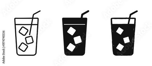 Iced Drink Glass with Straw and Ice Cubes Icon Set. Cold Beverage Symbols.