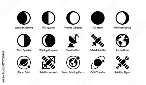 Phases of the moon and satellite symbols illustration