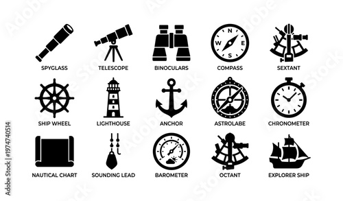 Nautical symbols set: spyglass, ship wheel, sextant, anchor, lighthouse