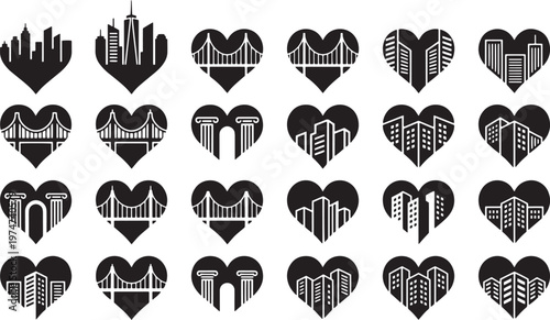 Silhouette heart city skyline icon collection featuring urban buildings skyscrapers and bridges for travel and architecture design projects set icons.