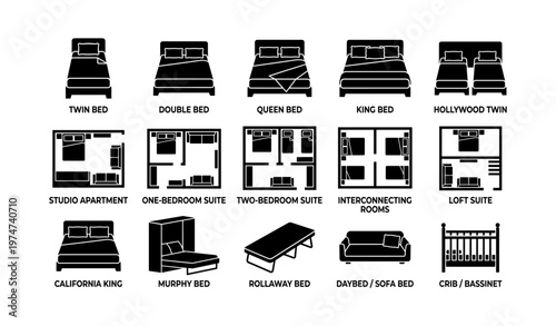 Various bed types and room layouts: twin, king, studio apartment, loft suite, and more