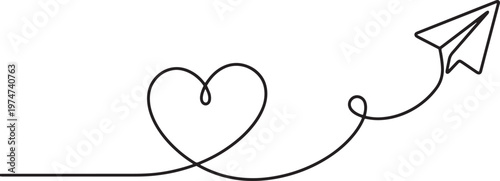 Minimalist continuous line drawing of a paper airplane flying forming a heart shape with its flight path, symbolizing travel and love.