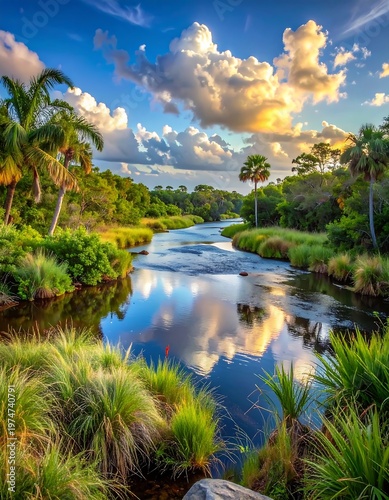 A serene river reflects the vibrant sky with fluffy clouds. Palm trees and lush vegetation frame the water. Golden sunlight bathes the scene