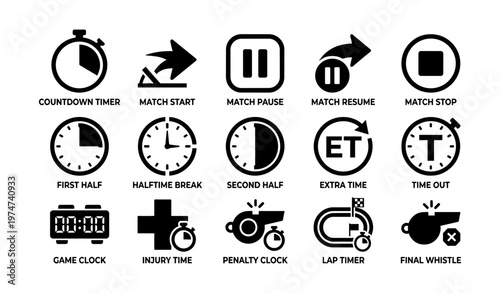 Icon set for sports timing: countdown, pause, resume, whistle, clock symbols