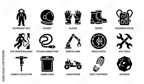 Space exploration equipment icons: helmet, gloves, boots, backpack, eva tools, rover