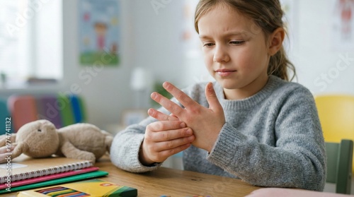 Young girl experiencing juvenile arthritis symptoms at home close-up of hands and joints emotional and educational setting