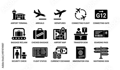 Airport travel icons: transportation, security, flights, and signage