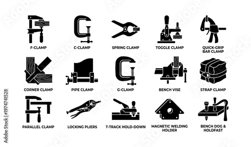 Collection of various clamps and tools for woodworking and metalworking