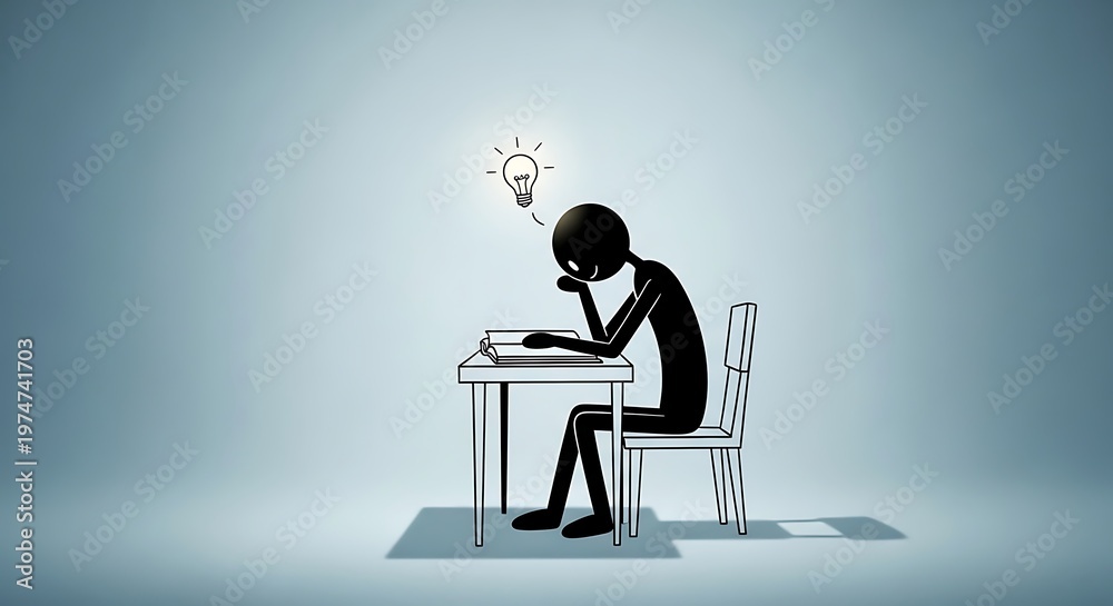 Fototapeta premium A person sitting at a desk with a thoughtful expression and a lightbulb above their head