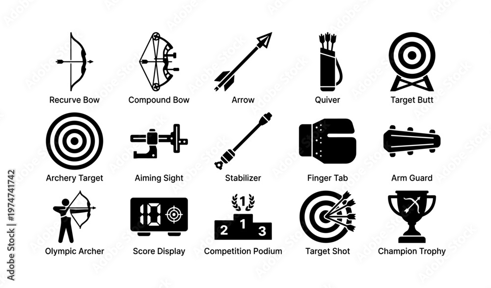 Fototapeta premium Archery equipment icons: bows, arrows, quiver, target, archer tools, trophy