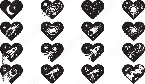 collection of sixteen celestial and astrological heart icons, featuring planets, rockets, and zodiac signs, cosmic love concept.