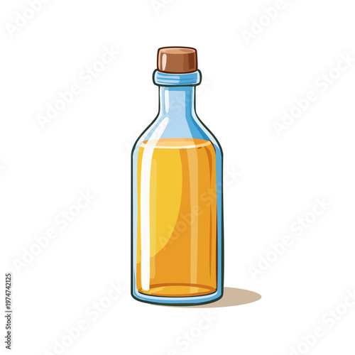 Glass bottle with golden liquid and cork stopper, isolated illustration