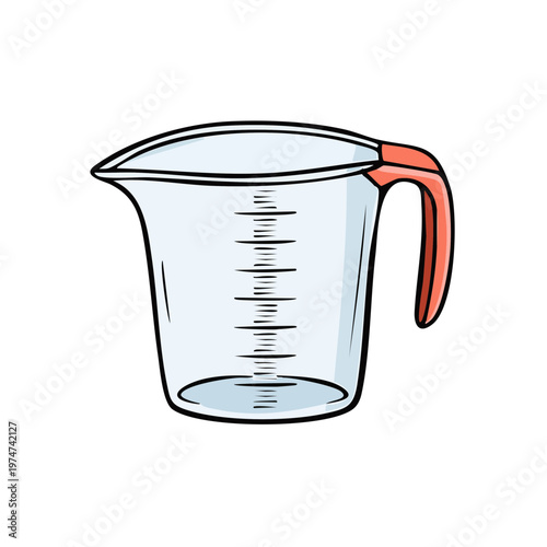Hand-Drawn Illustration of a Transparent Measuring Cup with Red Handle