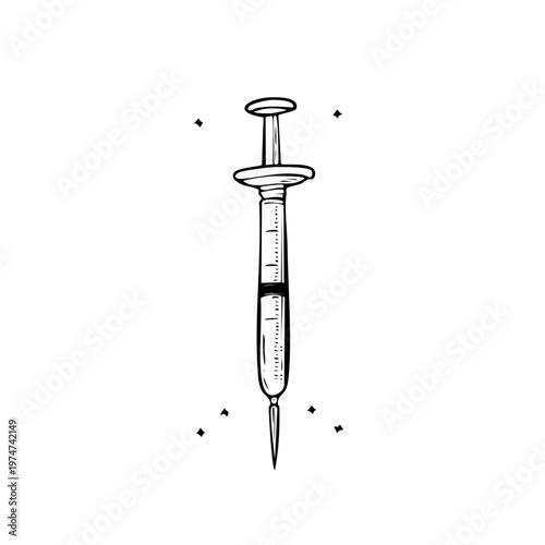 Hand drawn medical syringe illustration with needle and liquid inside