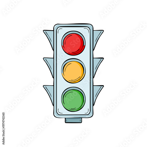 Hand Drawn Traffic Light with Red, Yellow, and Green Signals Illuminated